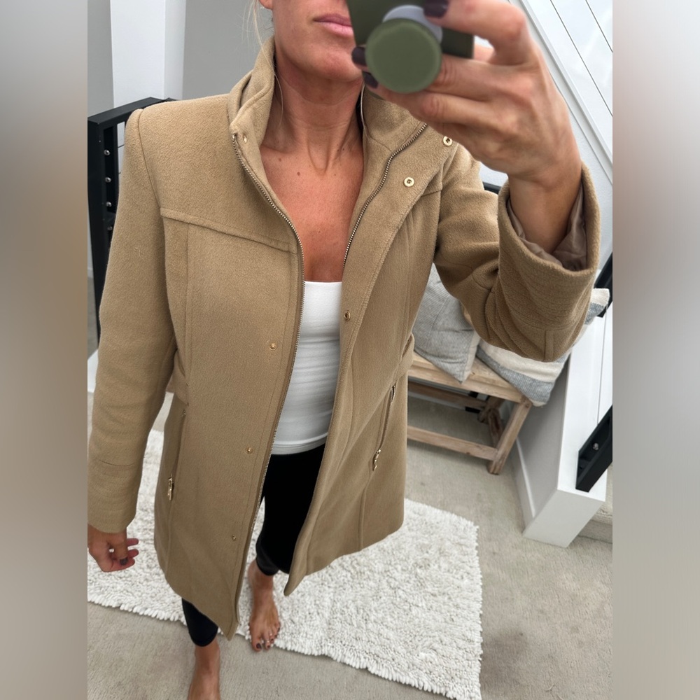 Vince Camuto Wool Blend Coat Camel Hooded Zip Up Jacket Chic Fall Winter Size XS - Picture 4 of 15